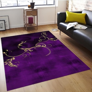 パープルゴールドフローラルカーペット：モダンなトルコ風ラグ