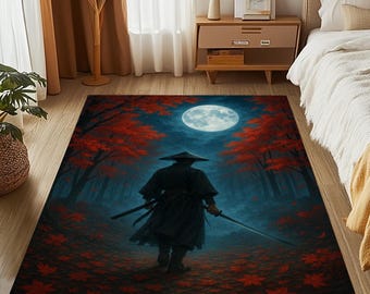 May include: A rectangular area rug featuring a samurai warrior walking through a forest under a full moon. The rug has a dark color palette with red maple leaves and trees.