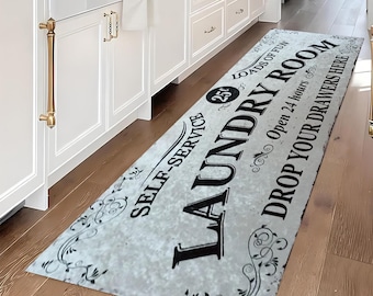 Vintage Laundry Room Runner Rug: Self Service Design, Non-Slip