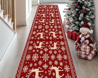 May include: A red Christmas runner rug with a repeating pattern of reindeer and snowflakes in cream. The rug is rectangular and placed in a hallway, adding a festive touch to the home decor.