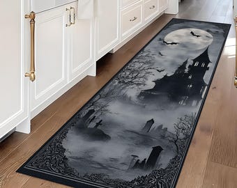 Tapete de Casa Mal-Assombrada de Halloween: Castelo Gótico, Lua Cheia