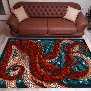 Octopus Rug: Underwater Sea Life Design, Non-Slip Washable Rug