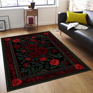 Romantic Red Roses Flower Mat,Red Rose Rug, Black Red Floral Carpet,Elegant Gothic Style Rug,Vintage Victorian Living Room Decor Rug,Red Rug