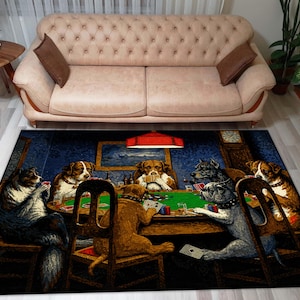 May include: A rectangular area rug featuring a poker game scene with dogs. The rug has a dark blue background with a green poker table. The dogs are various breeds, and the rug is placed in a living room setting.
