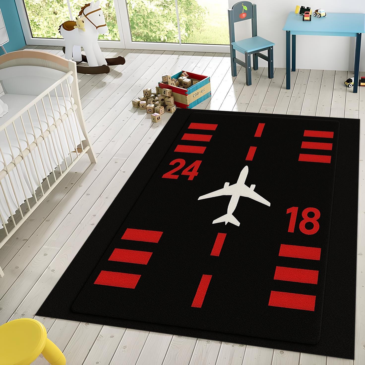 Airport Runway Rug: Red & Black Airplane Play Mat