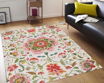 Alfombra de terciopelo floral: estilo vintage rosa y verde, antideslizante