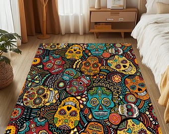 Tapete Caveiras Coloridas: Tapete Caveira Mexicana Colorido, Estampa Gótica em Preto e Laranja, Decoração Festiva