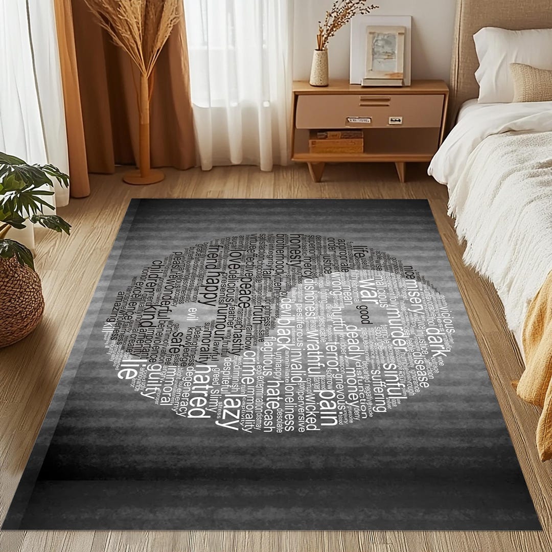 Word Rug Yin Yang Word Rug: Black White Zen Philosophy Carpet, Meditation Living ...