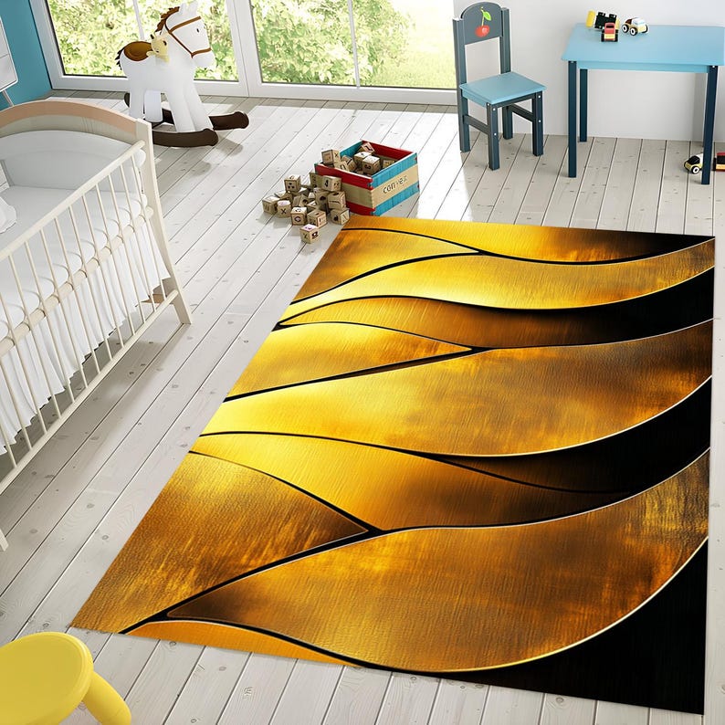 Gold and Black Living Room Rug: Abstract Design - Etsy