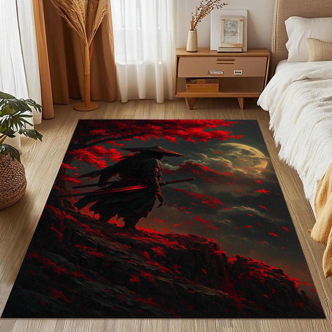 Samurai Moon Rug: Japanese Warrior Silhouette Red Maple Leaves Dark ...