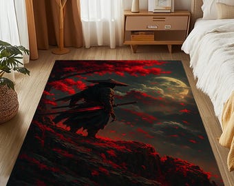 May include: A rectangular area rug featuring a dramatic scene of a samurai warrior on a cliff, with a full moon in the background. The rug has a dark color palette with red accents, creating a striking visual effect. The design is detailed and artistic.