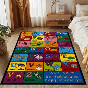 May include: A rectangular area rug featuring a colorful grid of the alphabet. Each square displays a letter, a corresponding illustration, and a word. The bottom right section displays the full alphabet in both uppercase and lowercase letters.