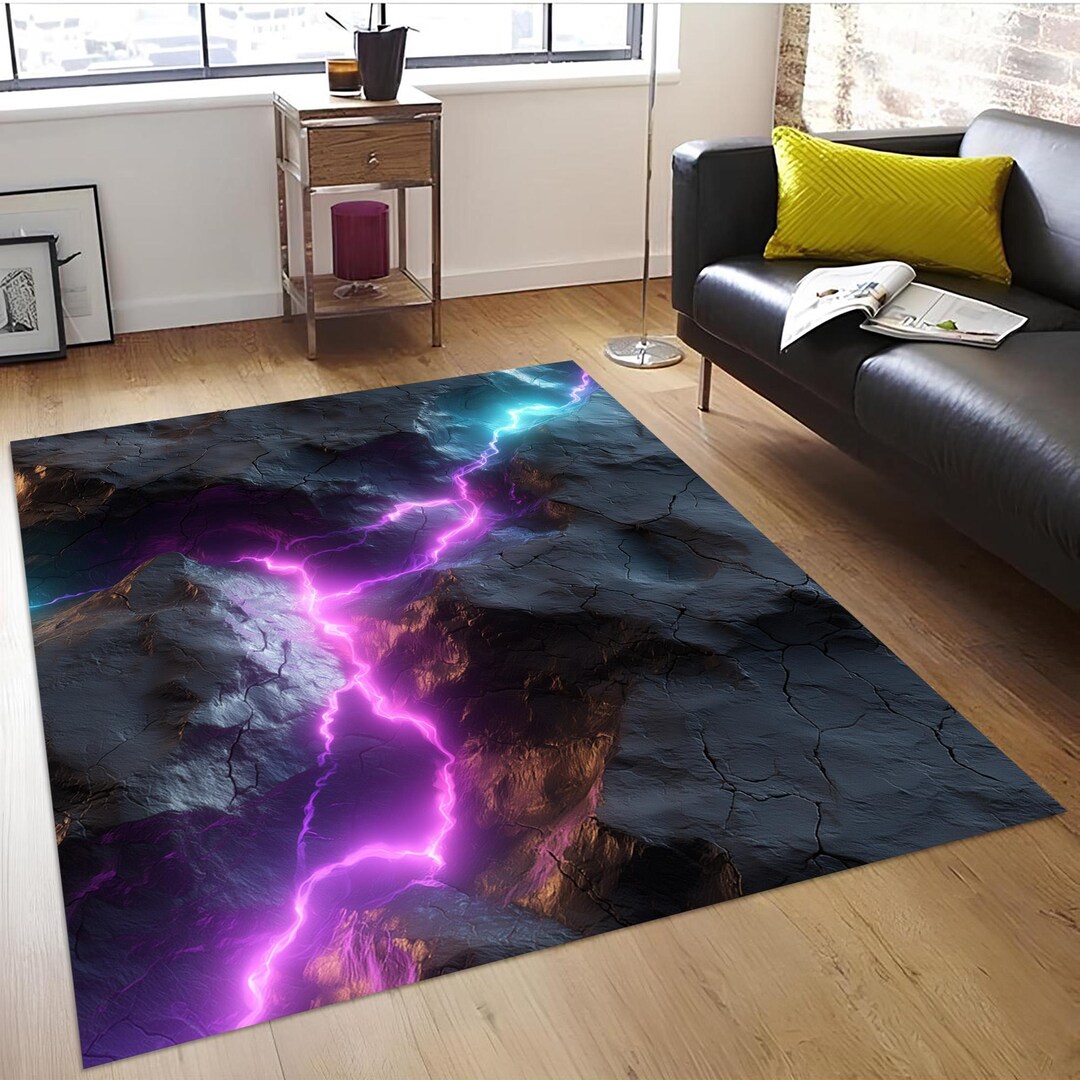 Purple Neon Cracked Futuristic Lightning Rug,modern Dark Mountain Floor ...