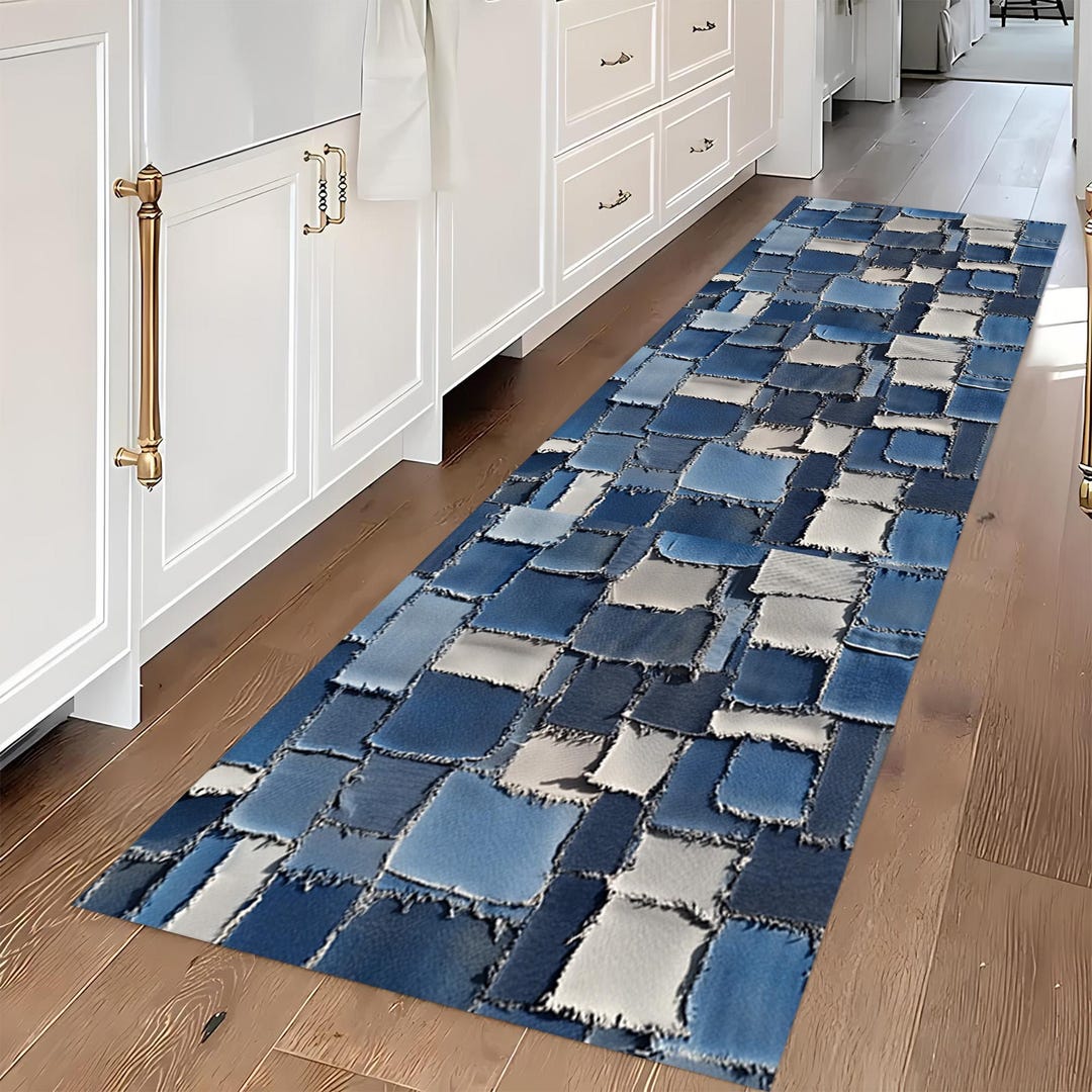 Denim Patchwork Runner Rug: Blue Jean Art Carpet - Etsy