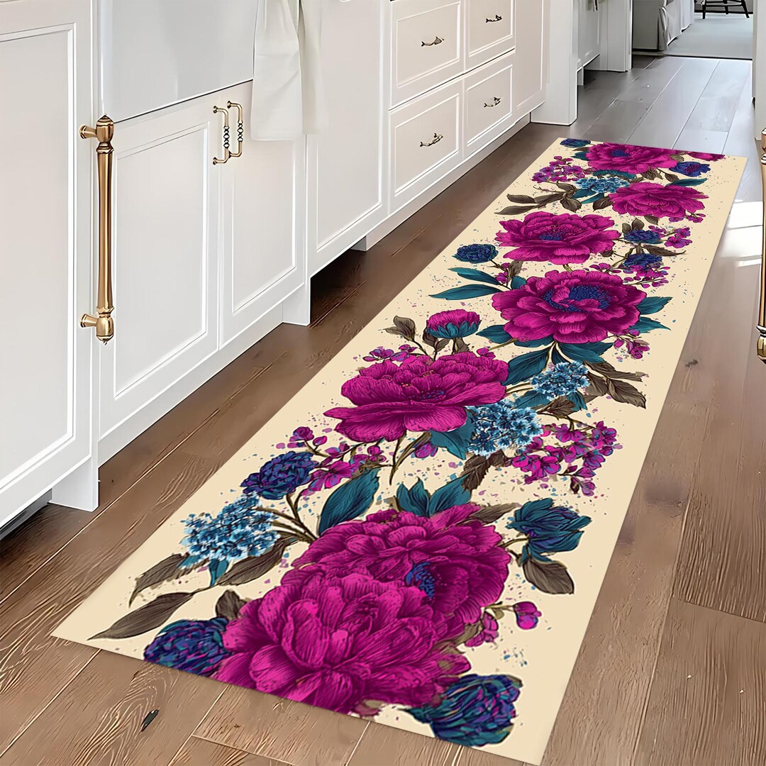 Peony Bloom Runner Rug: Floral Botanical Carpet, Magenta Teal Beige ...