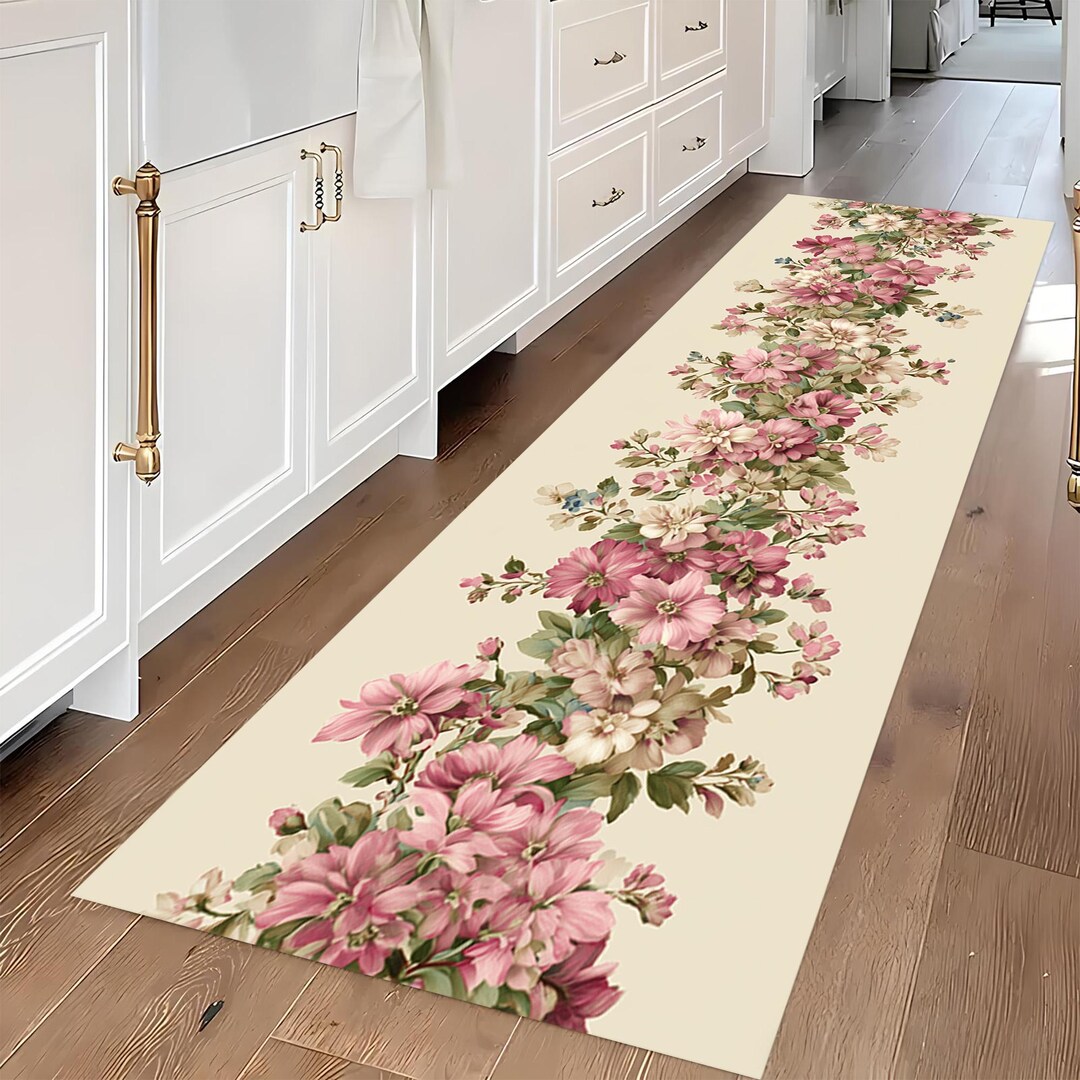 Floral Bloom Rug: Pink Cream Runner Carpet, Elegant Botanical Design ...