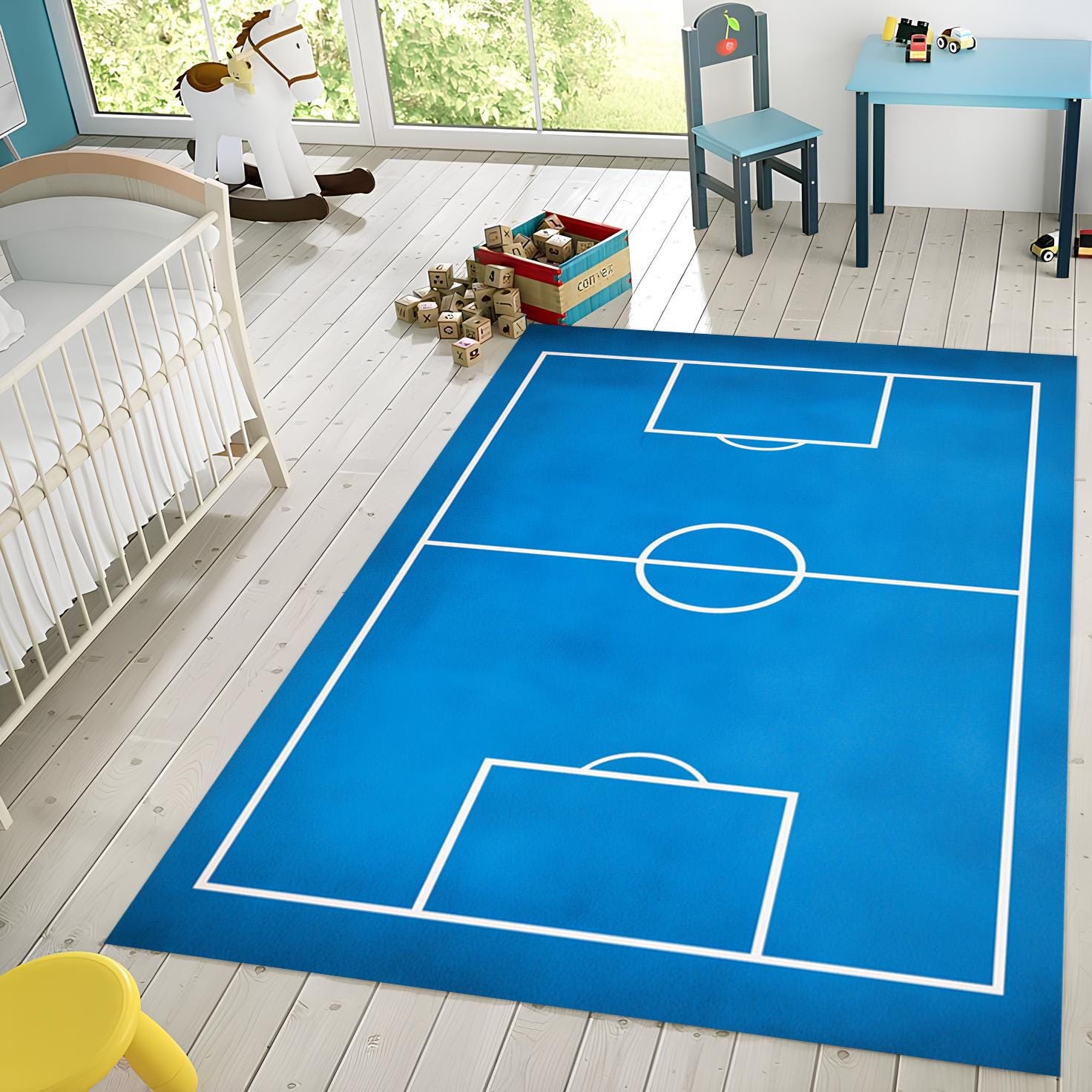 Blue Football Court Rug: Sports Decor Mat
