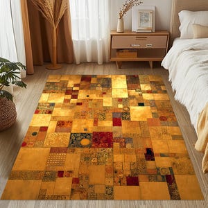 May include: A rectangular area rug featuring a mosaic-like pattern of golden yellow, deep red, and black squares. The design consists of various geometric and intricate ornamental motifs arranged in a grid, creating a textured visual effect.