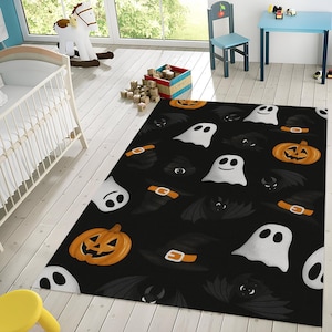 Halloween Ghost Pumpkin Rug,Spooky Cute Rug,Witch Hat Bat Decor Rug,Halloween Floor Mat for Kids and Living Room,Ghost Rug,Pumpkin Decor Rug