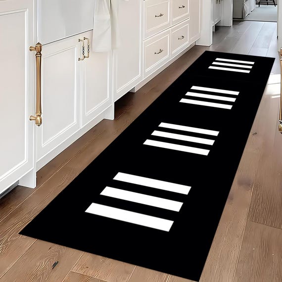 Washable Black and White Kitchen Runner Rug: Modern Art Rug