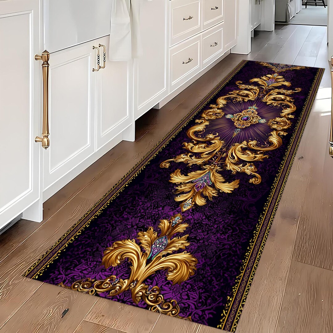 Royal Baroque Rug: Purple Gold Jewel Carpet, Elegant Ornate Runner ...