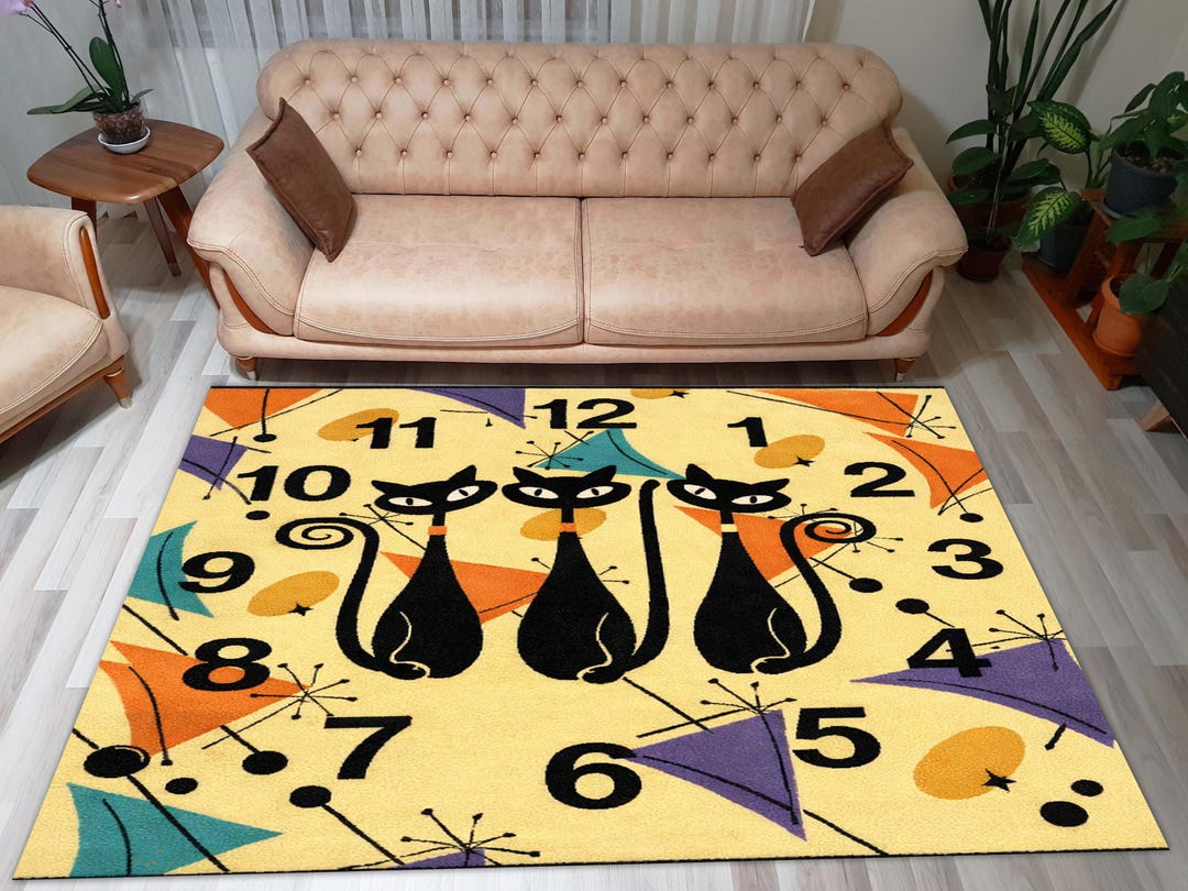 Atomic Cats Rug: Midcentury Feline Clock Carpet, Teal Orange Purple ...
