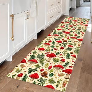 Mushroom Decor Runner Rug: Washable Velvet, Woodland Design