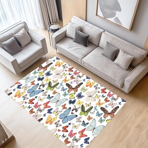 Butterfly Rug, White Pink Red Yellow  Green Butterfly Rug, Buttrefly Art Rug, White Desing Rug,Butterfly Patterned Rug, Butterfly Gift Rugs