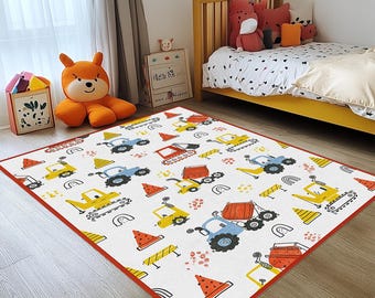 Construction Kids Rug: Cartoon Vehicle Carpet, Excavator Truck Pattern, Playful Colorful Design, Nursery Playroom
