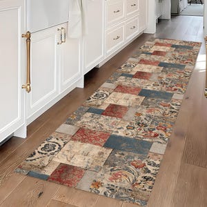 Patchwork Floral Runner Rug: Bohemian Vintage Style Carpet, Rustic Pattern, Colorful Farmhouse Hallway Kitchen