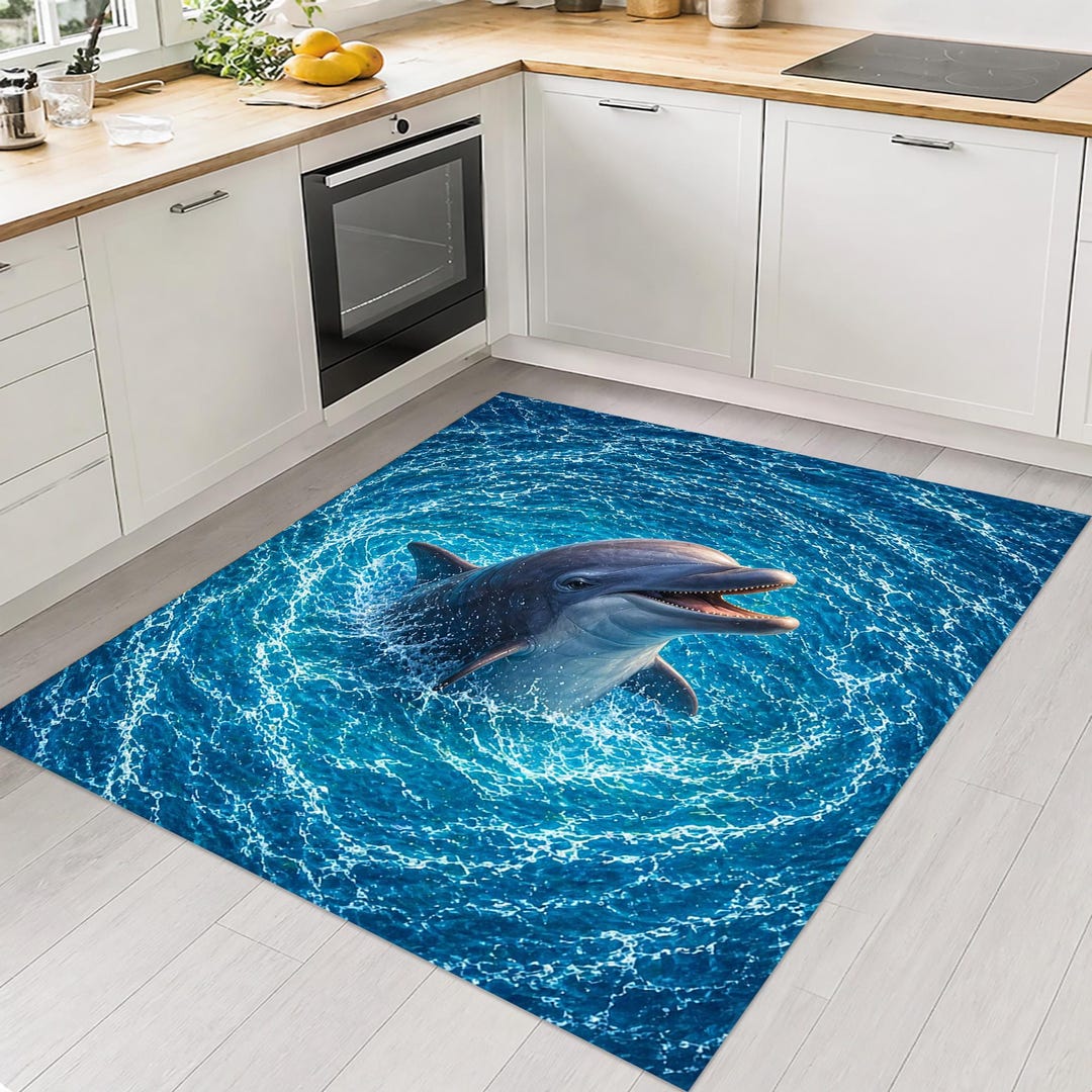 Dolphin Ocean Rug: Realistic Marine Swirl Carpet, Vivid Sea Life ...