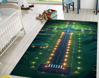 Neon Airport Runway Rug: Kids Room Decor, Birthday Gift
