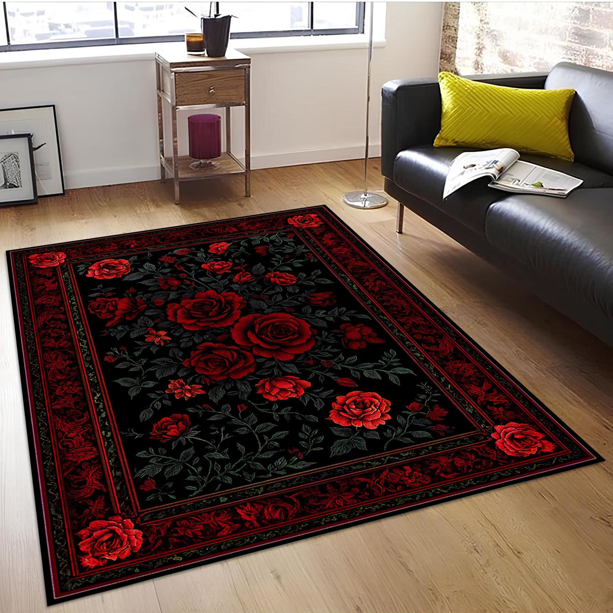 Gothic Red Rose Rug: Victorian Floral Carpet, Elegant Living Room Decor ...