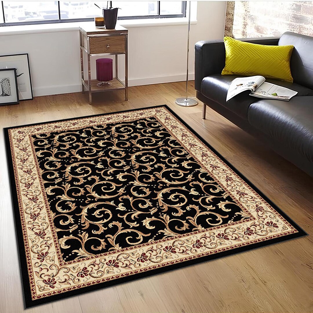 Scroll Work Pattern Rug Black Brown Art Rug: Floral Scrollwork, Non-slip Cotton Base - Etsy