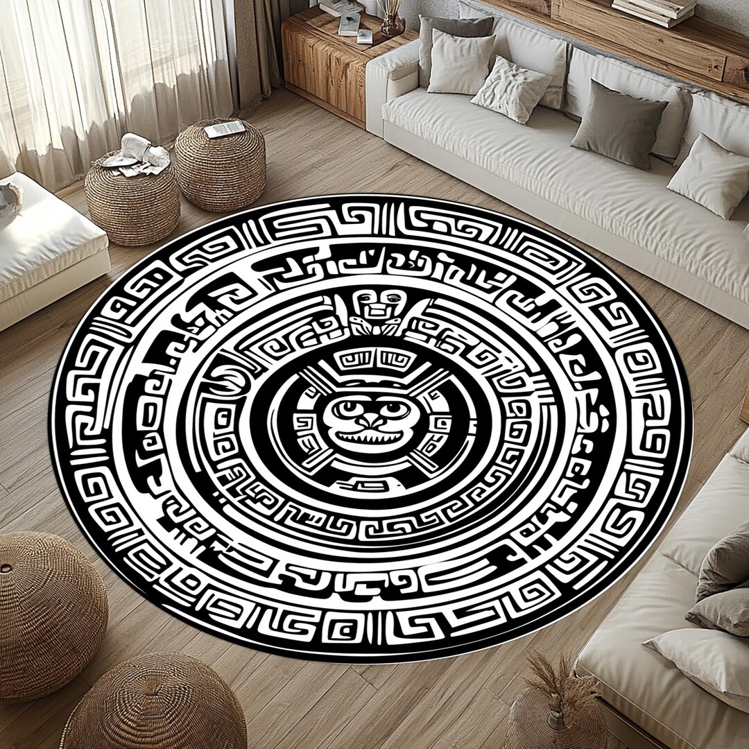 Black and White Aztec Round Rug: Mayan Calendar Design (1.9ft/60cm) - Etsy