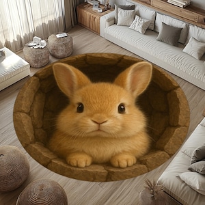 Könnte beinhalten: Ein runder Teppich mit einer detaillierten Illustration eines flauschigen, hellbraunen Kaninchens, das aus einem steinartigen Bau lugt. Der Teppich hat einen braunen Rand und ist so gestaltet, dass er dem Zuhause eines Kaninchens ähnelt.