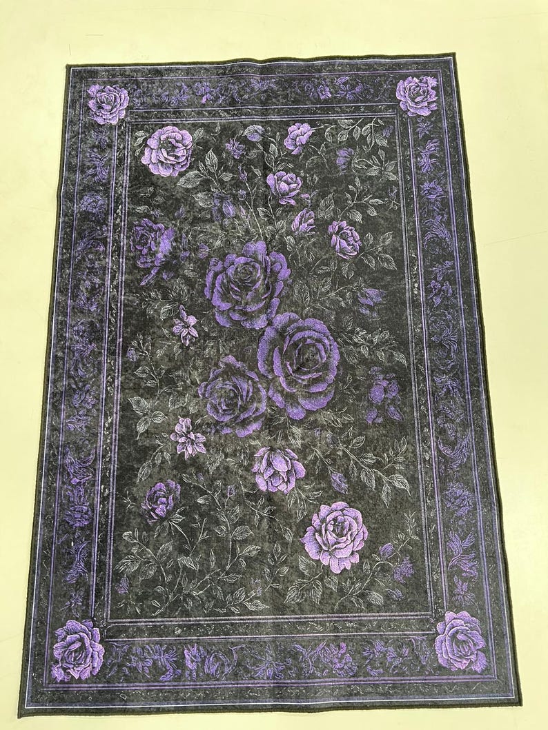 Purple Rose Gothic Rug: Black Floral Victorian Decor - Etsy