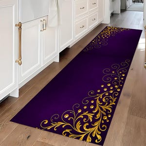 Purple and Gold Turkish Runner Rug: Modern Velvet Floor Carpet