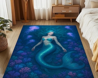 エンチャンテッドマーメイドラグ：オーシャンファンタジーカーペット、ターコイズブルーの鱗、クラゲの輝き、水中アート、子供部屋