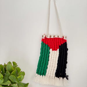 May include: A macrame wall hanging in the colours of the Palestinian flag: red, white, green, and black. The rectangular piece has a cream fringe at the bottom and a cream rope for hanging, displayed against a white wall.