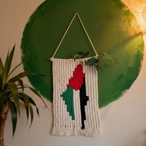 May include: Macrame wall hanging with a geometric design in red, green, and black, suspended from a wooden dowel. The wall hanging is displayed against a green painted circle on a neutral wall, with a plant in the foreground.