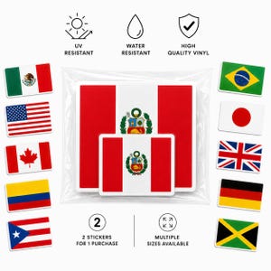 May include: Two rectangular stickers featuring the national flag of Peru with its central coat of arms, packaged in a clear plastic sleeve. Surrounding the central stickers are smaller rectangular stickers of various national flags.