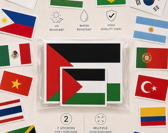 May include: A set of two rectangular stickers featuring the flag of Palestine, which consists of black, white, and green horizontal stripes with a red triangle on the left. The stickers are packaged in a clear plastic sleeve, surrounded by various international flag stickers, with icons indicating UV resistance, water resistance, and high-quality vinyl material.