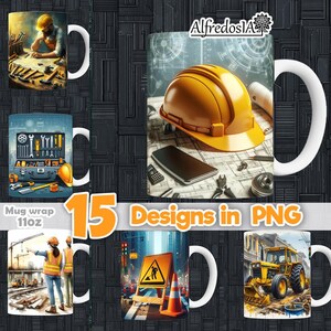 Könnte beinhalten: Sammlung von 11oz Keramikbechern mit Designs zum Thema Bauwesen. Die Becher zeigen Bilder von Bauarbeitern, Werkzeugen, Bauplänen und schweren Maschinen. Die Designs umfassen einen gelben Helm, eine Baustelle und ein Baustellenschild.