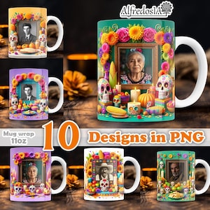 10 designs digital Day of the Dead MEXICO 3d , designs in PNG ,sublimation wrap mugs,digital designs,11oz,style templates,dia de los muertos