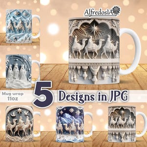 Puede incluir: Se muestran cinco tazas de cerámica con diferentes diseños. Los diseños incluyen camellos, estrellas y figuras religiosas. Las tazas son blancas con un diseño envolvente. También se ve el texto "5 Designs in JPG".