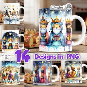 Puede incluir: Tazas de cerámica blanca con ilustraciones coloridas de los Reyes Magos, camellos y una escena de noche estrellada. Las tazas tienen una capacidad de 312 ml y presentan el texto "14 Designs in PNG".
