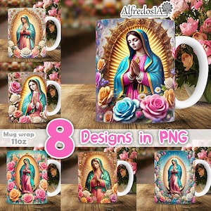 Puede incluir: Ocho diseños para tazas de 11 oz con un patrón floral colorido y una representación de la Virgen María en el centro. Los diseños están en formato PNG.