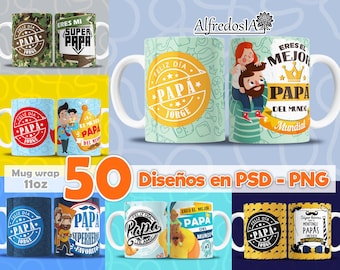 May include: A collection of white ceramic mugs with various designs for Father's Day. The mugs feature colorful graphics, including text like "Happy Father's Day," "Super Dad," and illustrations of fathers with children. The image also includes the text "50 Designs in PSD - PNG."