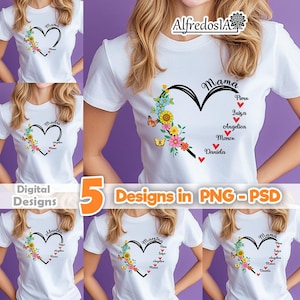 Puede incluir: Cinco diseños digitales para camisetas con un corazón adornado con flores y la palabra "Mama" en la parte superior. Cada diseño incluye una lista de nombres dentro del corazón. Los nombres incluyen "Piore", "Quiza", "Angelica", "Marce" y "Daniela".